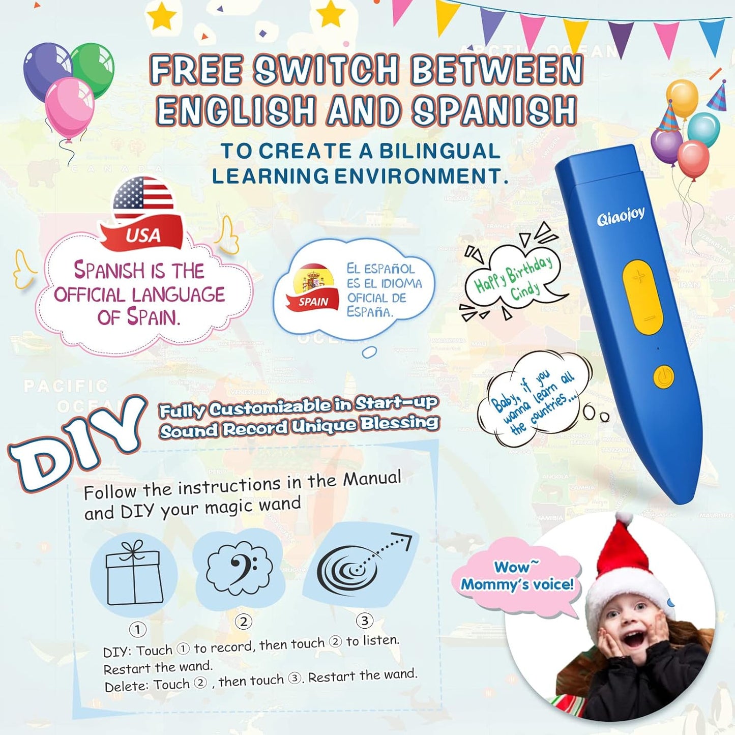 Bilingual Interactive Kids Talking World Map & Dinosaur Poster for Kids Learning and Educational Toys, Talking Educational Toys for 3 to 12 Years Old Girls/Boys, Preschool Learning Chart