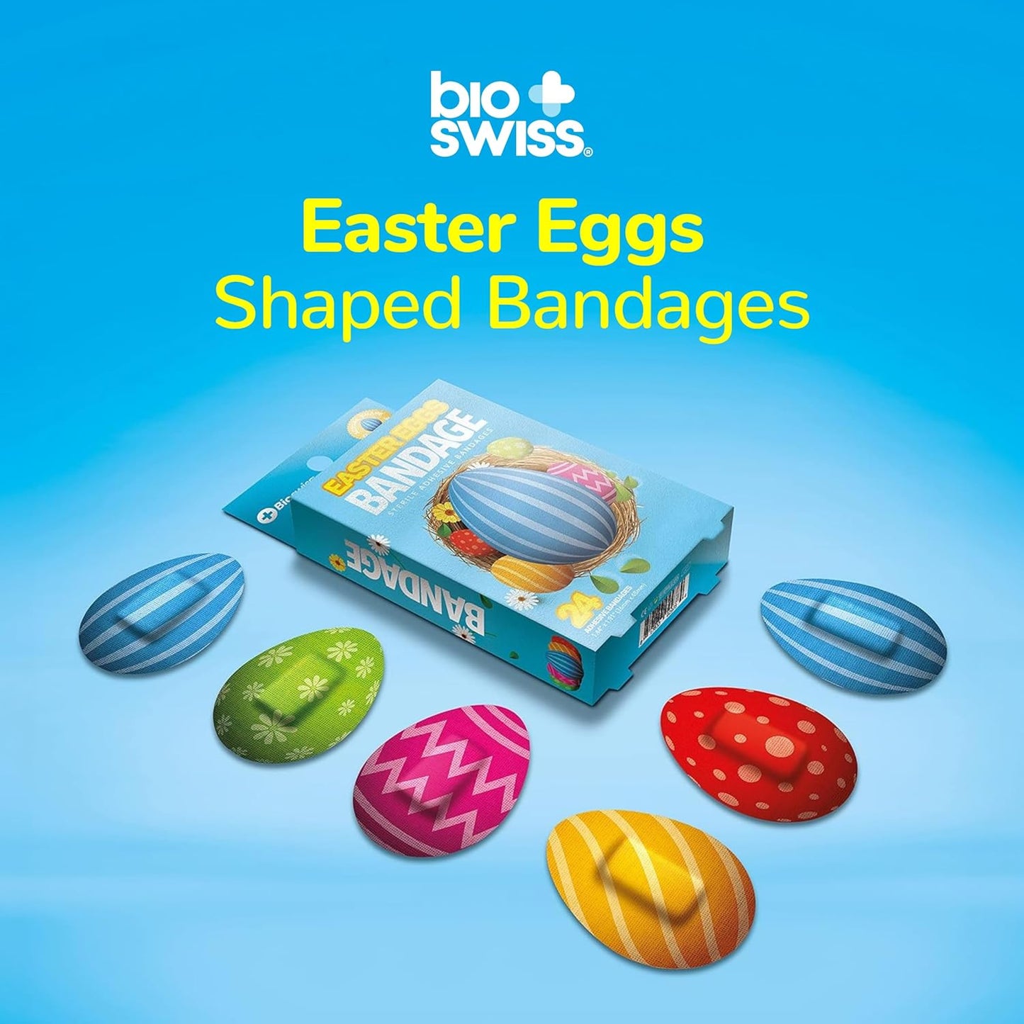 BioSwiss Bandages, Easter Egg Shaped Self Adhesive Bandage, Latex Free Sterile Wound Care, Fun First Aid Kit Supplies for Kids, 24 Count