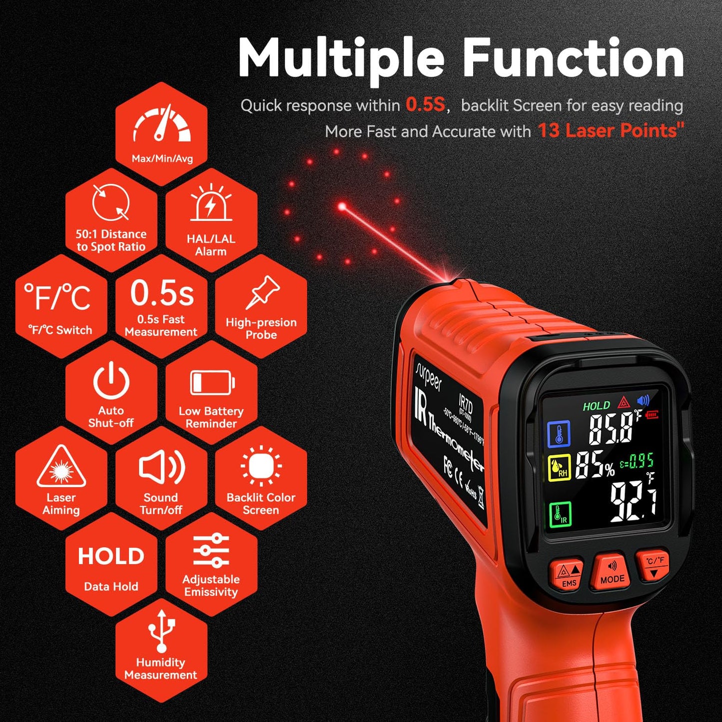 -58°F to 2732°F Infrared Thermometer Temperature Gun with Thermocouple Probe, 50:1 Laser Temperature Gun for Humidity Measurement, BBQ, AC, High Temp Gun for Engine, Kiln, Forging, Industrial Use