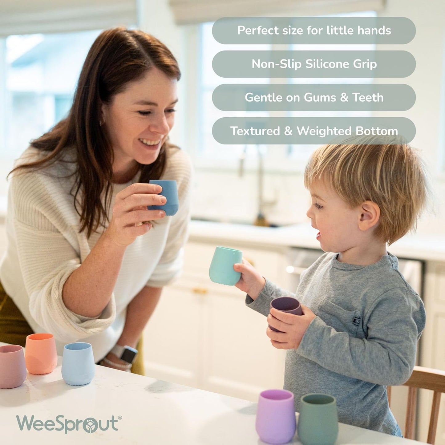 WeeSprout Silicone Baby Training Cups - Set of 2 Soft Silicone Cups - 2 oz Open Cup for Baby 6+ Months - Non-Slip Grip, Weighted Base - Gentle on Gums & Teeth (Matte Pink & Matte Purple)