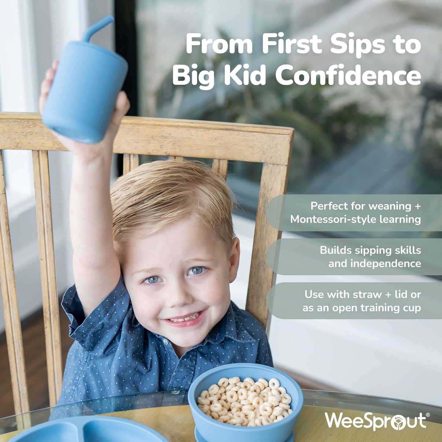 WeeSprout Silicone Baby Cups With Straws and Lids, 4 & 8 oz Options, Set of 2, Food Grade Toddler Training Container, Built In Straw Stoppers, Measurement Markings, Dishwasher Safe + Straw Cleaner