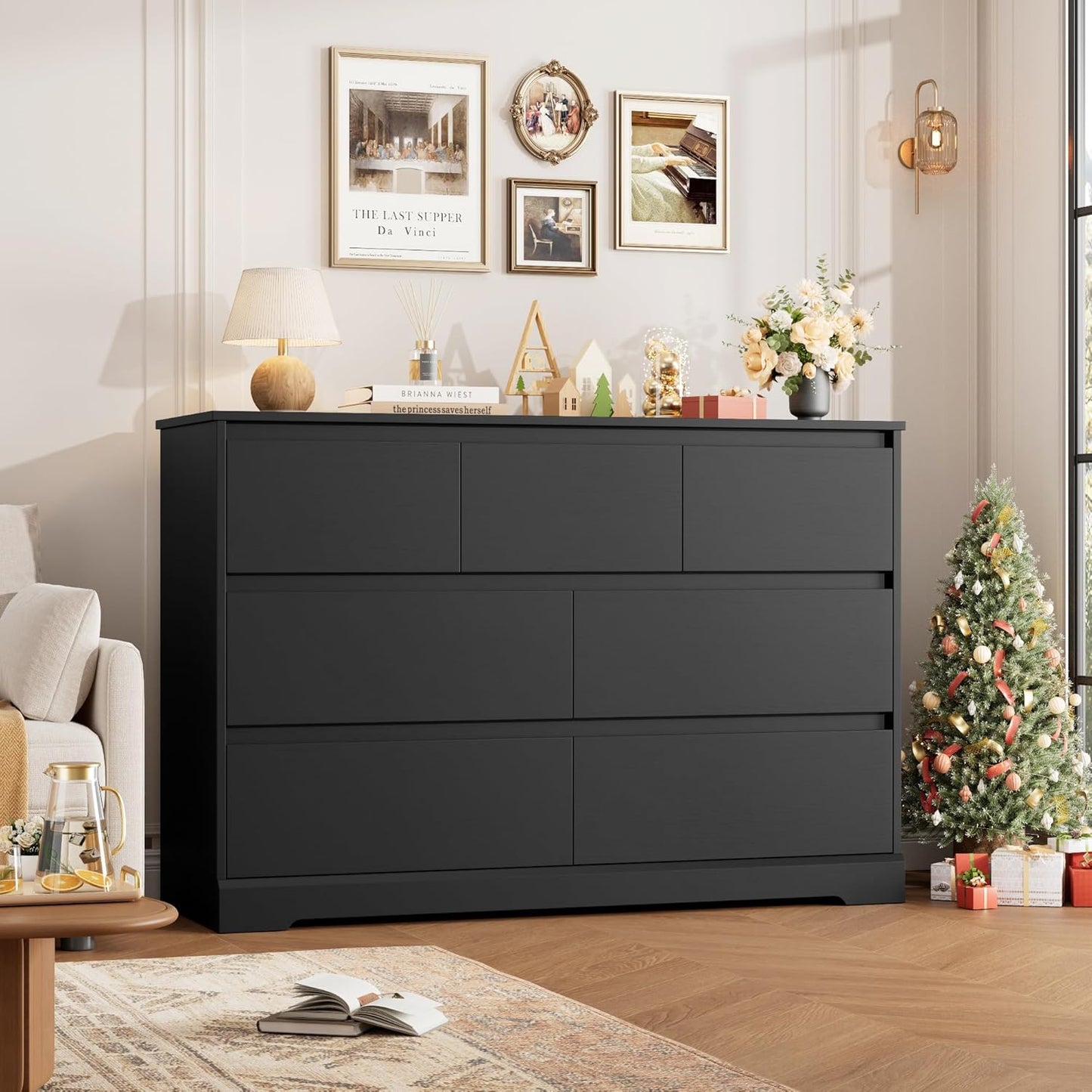 Dresser for Bedroom, Modern Black Dresser, Wood Chest of Drawers Nursery Dressers, with Storage, 7 Drawer Double with Handle Free, Large Storage Organizer for Living Room,White