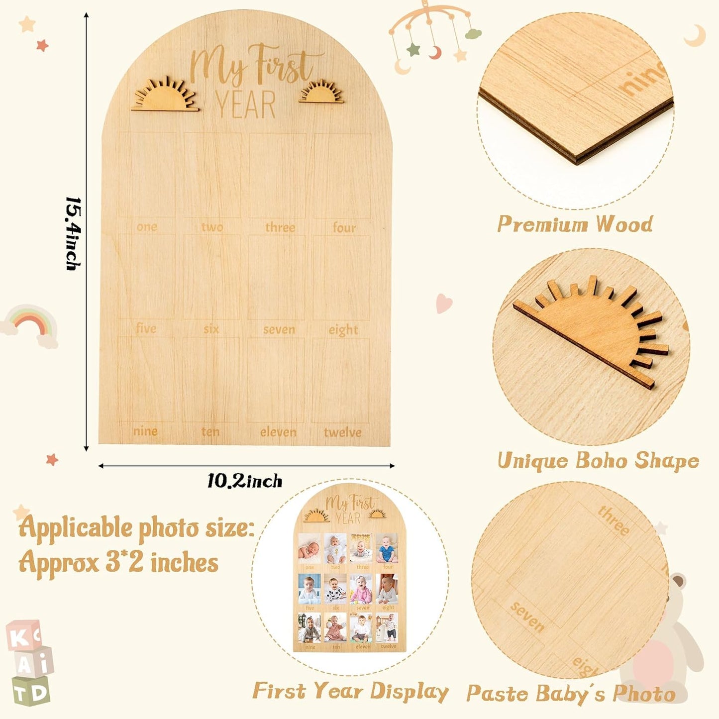 R HORSE My First Year Photo Display Wood Board, 3D Boho Sun Baby's First Year Picture Frame 12 Months Milestone Board Neutral Baby Keepsake Birthday Nursery Decor Gift for Boy Girl