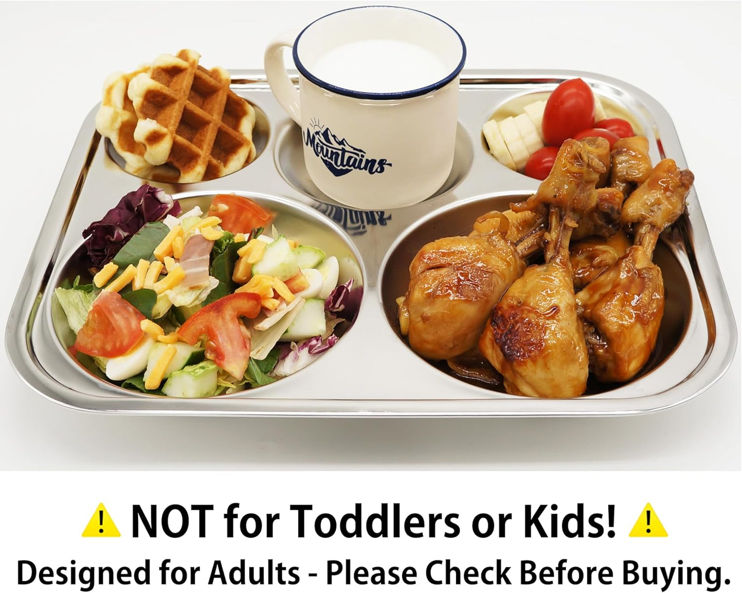 Korean Stainless Steel Divided Plates, Food Grade 304 Tray Large Size for Adults, Teens, Picky Eaters, Campers, BPA Free, Diet Portion Control, Serving Platter, Dinner Snack, Set of 2