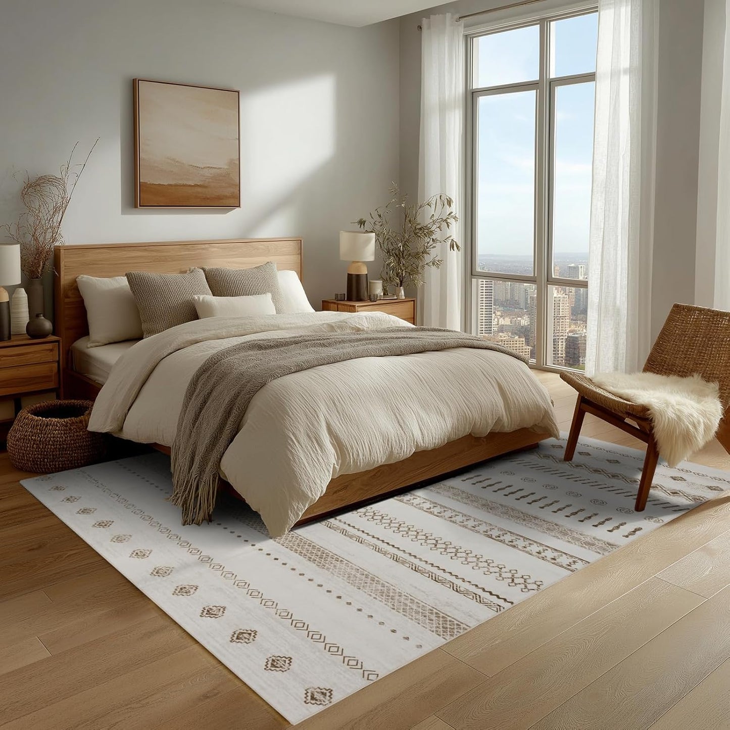 Washable Area Rugs 8x10, Large Rugs for Living Room, Carpet for Bedroom, Boho Soft Faux Wool Retro Dining Room (Beige) Rug, Non-Slip Backing Resistant Low Pile Vintage Print Rug for Home Office