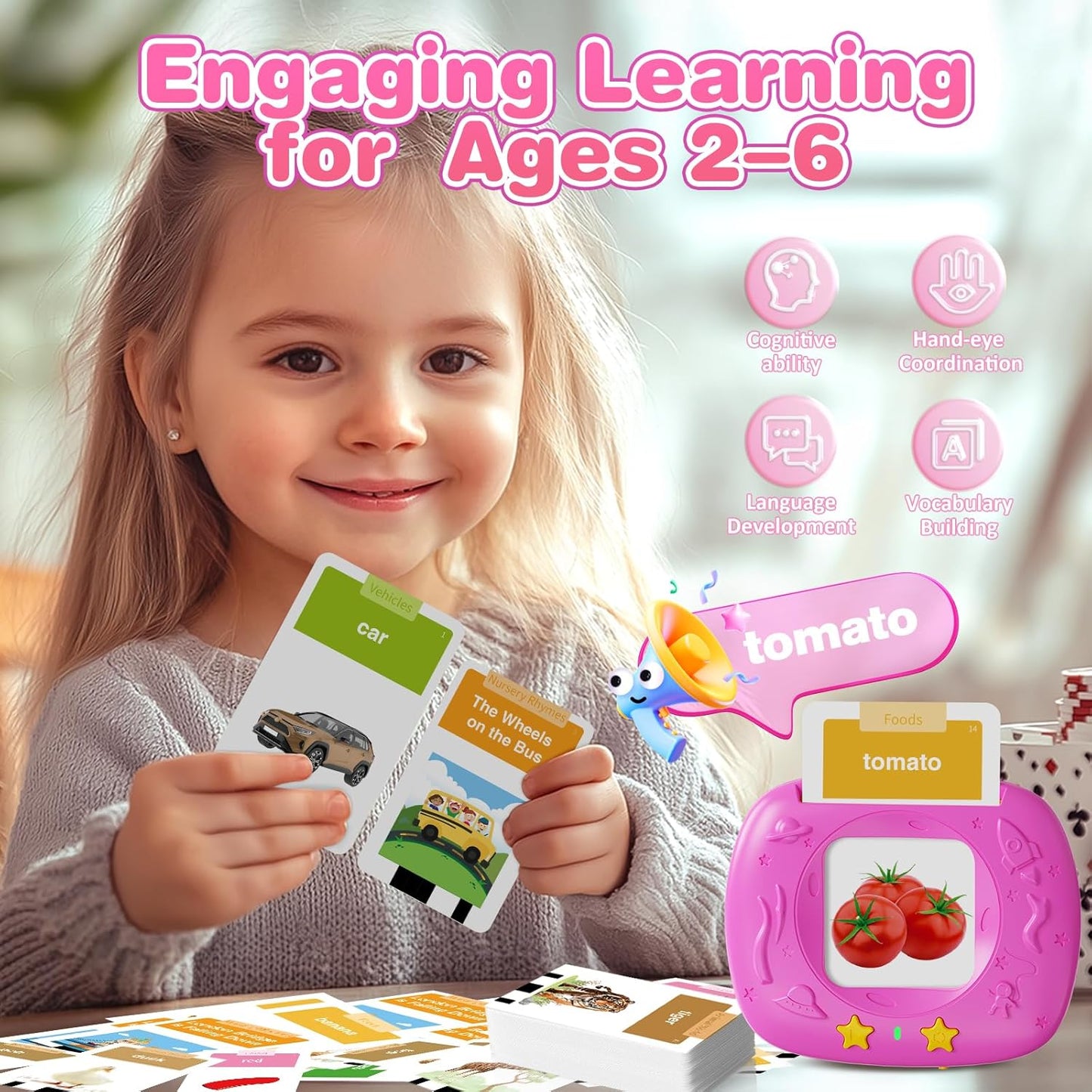Toddlers Talking Flash Cards with American Accent & 144 Sight Words, Speech Therapy Toys for 3 4 5 6 Years Old Boys and Girls (Pink)