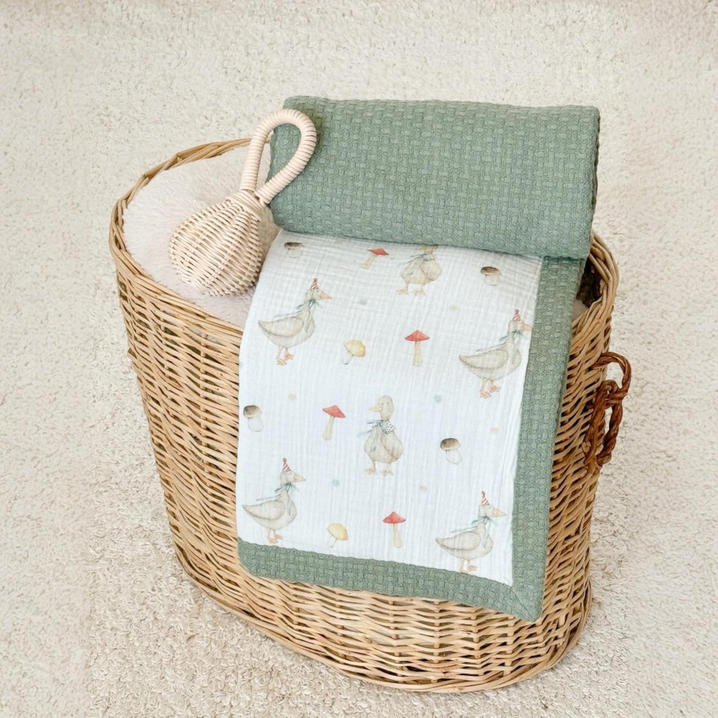 Personalized Baby Blanket with Name – Handmade 100% Organic Cotton Newborn Gift | Custom Knit Blanket for Boys, Girls, Kids & Baby Showers (Sage Green/Goose & Cap)