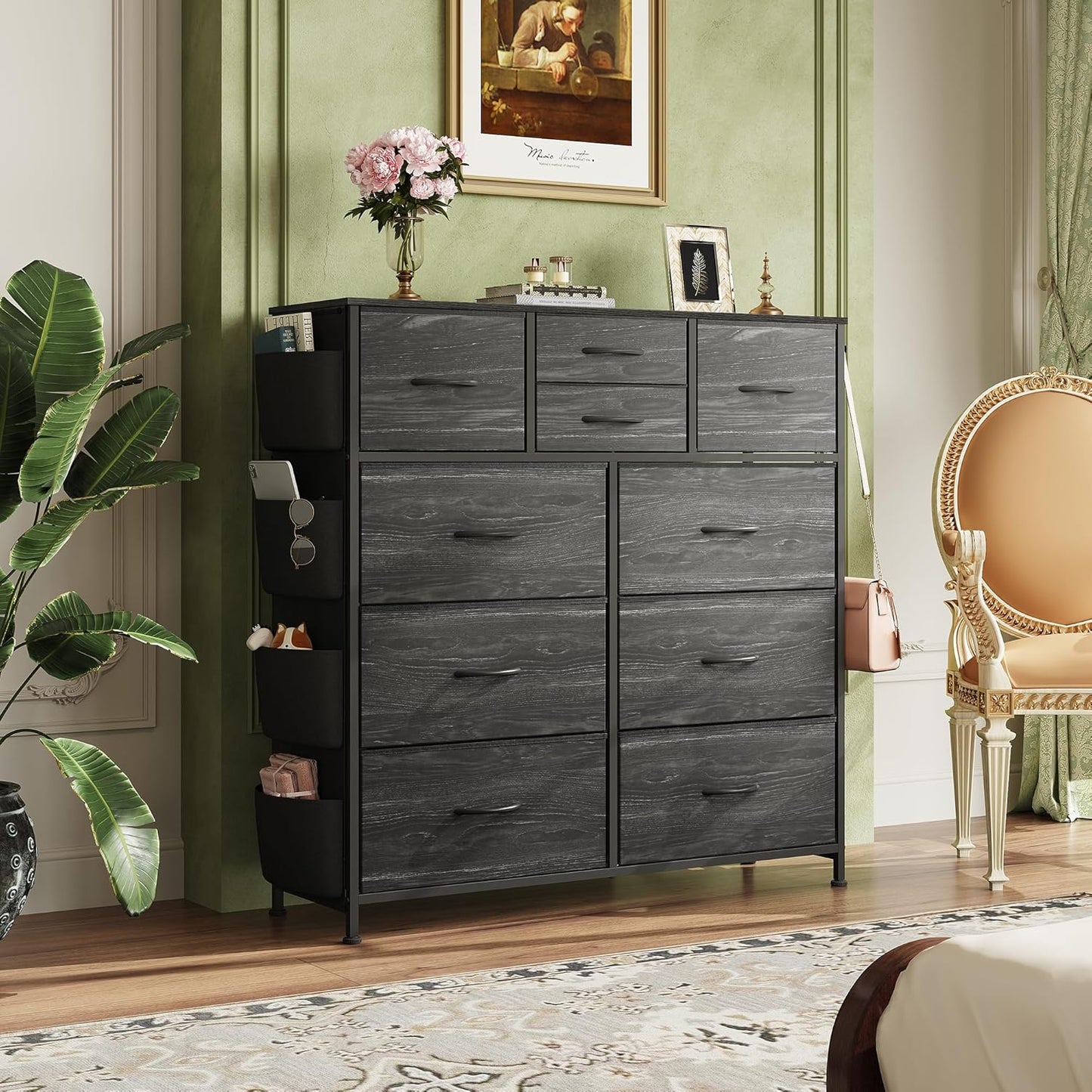 WLIVE Dresser for Bedroom with 10 Drawers, Fabric Dresser Chest of Drawers with Side Pockets and Hooks, Sturdy Metal Frame, Drawers Organizer Unit for Room, Hallway, Charcoal Black Wood Grain Print
