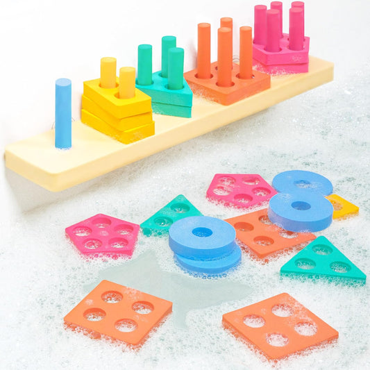 Tub Works® Splash, Stack & Sort™ Shape Sorter & Stacking Toddler Bath Toy | 20 Foam Pieces | Color Sorting & Shape Stacking Kids Bath Toys | Floats & Sticks to Tub Walls | Early Learning Bathtub Toys